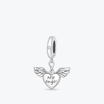 Berlock hjärta, vingar och infinity symbol tillverkad i sterling silver. Hjärta med texten "My angel"