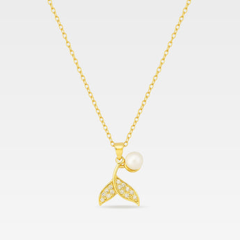 Elegant guldhalsband med valfenehänge, pärla och gnistrande kristaller