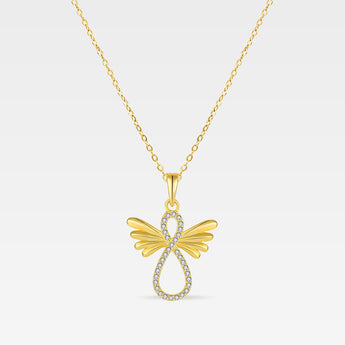 Silverhalsband med ängel i evighetssymbol, guldpläterat och dekorerat med cubic zirconia – perfekt som doppresent.
