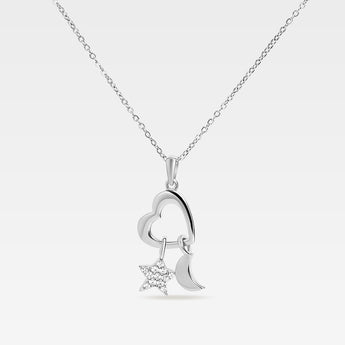Silverhalsband med hängsmycke i form av hjärta, stjärna och måne, med cubic zirconia – tillverkat i sterling silver