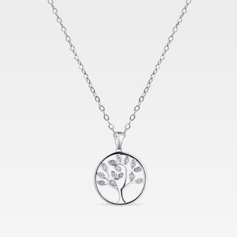 Silverhalsband med livets träd dekorerat med rosa och vita kristaller – Tree of Life-smycke i 925 sterling silver.