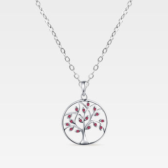 Silverhalsband med livets träd och röda kristaller